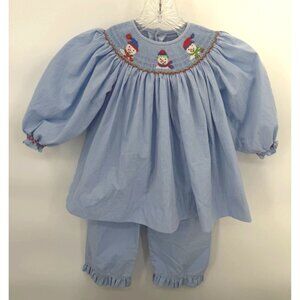 Remember Nguyen Smocked Snowman 3T Embroidered Blue Christmas W/ Ruffle Pants